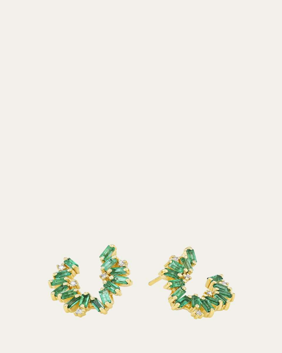18K Yellow Gold Bold Burst Emerald Sideways Mini Hoop Earrings